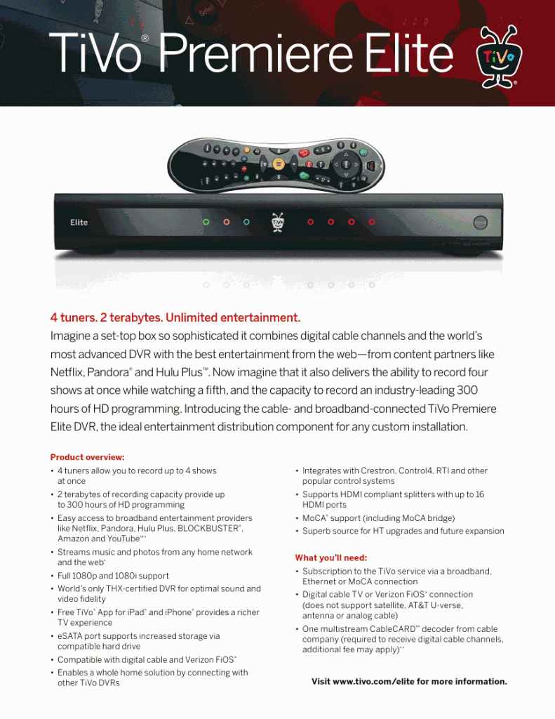 TiVo Premiere Elite Data Sheet Page 1