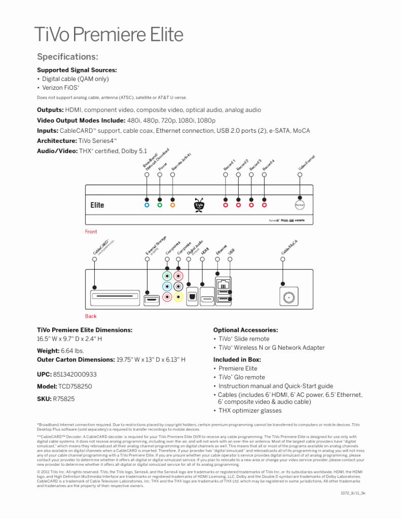 TiVo Premiere Elite Data Sheet Page 2