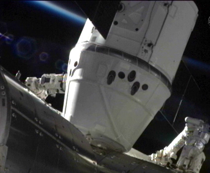 SpaceX Dragon berthed at ISS taken from NASA TV